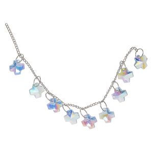 Drop, "pewter" (zinc-based alloy) / steel / glass, pkg/8, 14mm faceted cross, silver finish and translucent light sapphire AB.