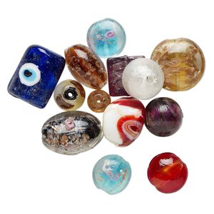 Bead mix, lampworked glass, mixed colors, 7x5mm-29x20mm mixed shape. Sold per 1/4 pound pkg, approximately 15-25 beads.