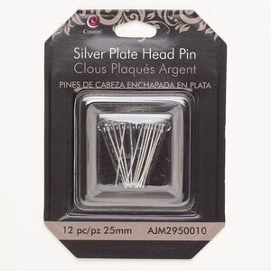 Head pin brass 12pk 1 inch 22 gauge, silver plate