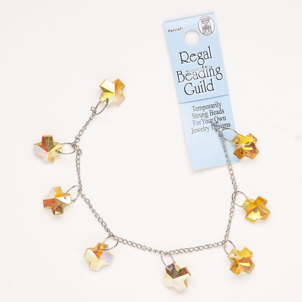 Chain steel glass 1pk curb Swiss cross drop, silver finish yellow-orange AB 8 inch image number 0