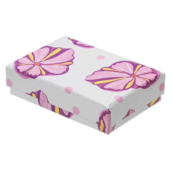Box, paper / velveteen / foam, white and multicolored, 3-1/4 x 2-1/4 x 3/4 inches with flower design. Sold per pkg of 10. image number 0