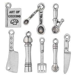 Charm set, antiqued pewter (tin-based alloy), 17.5x4.5mm-30x11mm kitchen theme. Sold per 8-piece set.
