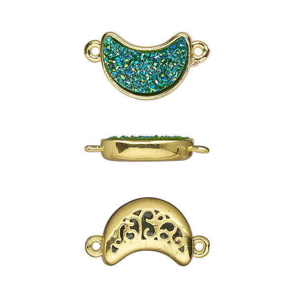 Link, Druzylite™, "druzy" (resin) and gold-finished brass, green, 14x10mm two-sided moon with open filigree back. Sold per pkg of 4. image number 0