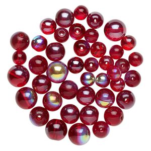 Bead mix, glass, pkg/6 ounce, luster translucent red AB, 12-18mm round.