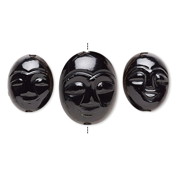 Bead, black onyx (dyed), 15x12mm and 19x15mm hand-cut double-sided oval with carved face, B grade, Mohs hardness 6-1/2 to 7. Sold per 3-piece set. image number 0