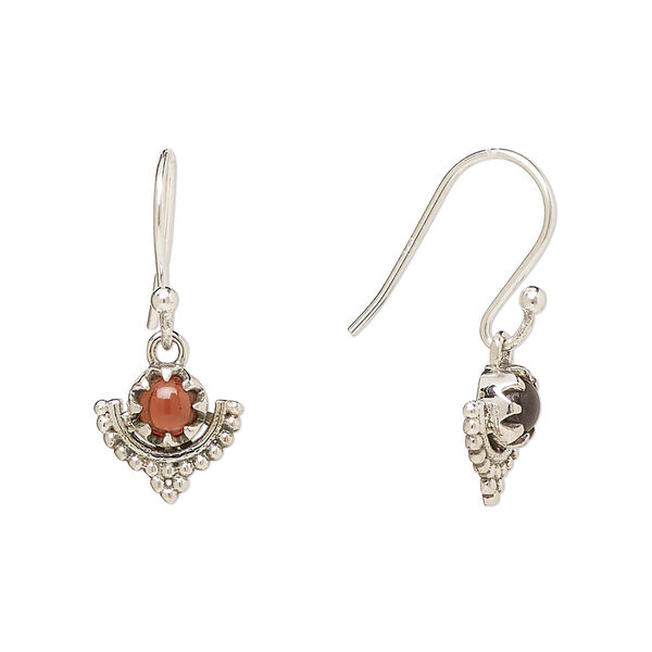 Ear wire, Create Compliments®, antiqued sterling silver and garnet (natural), fishhook, 22m with 10mm single-sided beaded moon, 21 gauge. Sold per pair. image number 0