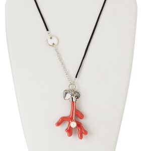 Necklace, porcelain / steel / "pewter" (zinc-based alloy) / silver-colored plastic / acrylic /  faux suede, multicolored, 70x30mm coral branch, fish and shell charm, pearl and flat round, adjustable up to 32 inches, continuous loop. Sold individually.
