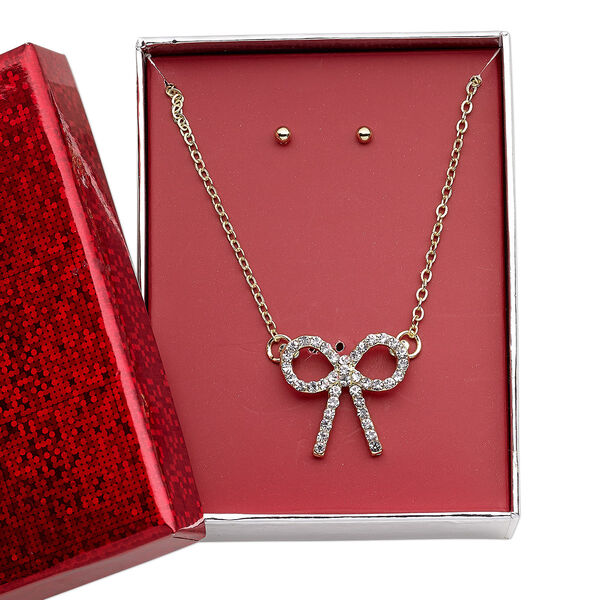 Necklace and earring set, glass rhinestone / gold-finished brass / steel / "pewter" (zinc-based alloy), clear, 22x21mm bow, 15" to 16" necklace with 3-inch extender chain and lobster claw clasp, 3mm round with post. Sold per set. image number 0