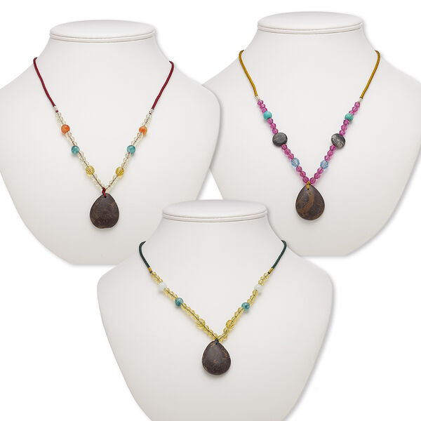Necklace mix, portoro marble / multi-gemstone (natural / dyed) / nylon / acrylic / glass, multicolored, 32x24mm-33x26mm teardrop, 20- to 24-inch continuous loop. Sold per pkg of 3. image number 0