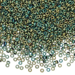 Seed bead, Miyuki, glass, pkg/250g, 2.2x1mm spacer rondelle, opaque matte metallic iris green patina, (SPR2.2-2008).