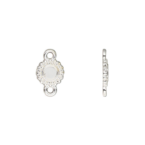 Link, silver-finished brass, 8.5mm single-sided beaded round with 4mm round setting. Sold per pkg of 10. image number 0
