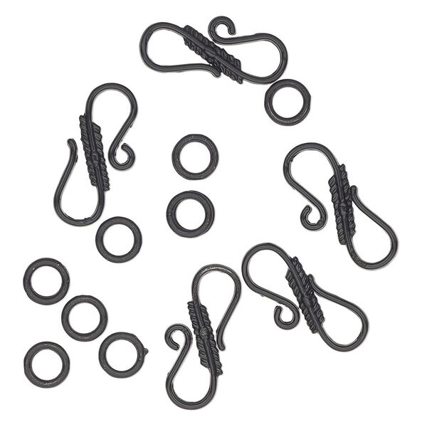 Clasp, S-hook, black-finished brass, 24x10.5mm textured with (10) 7mm jump rings. Sold per pkg of 5. image number 0