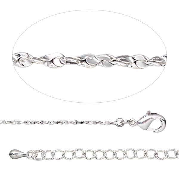 Chain, silver-plated brass, 1.2mm twisted serpentine, 18 inches with 2-inch extender chain and lobster claw clasp. Sold individually. image number 0