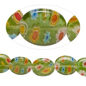 Bead, millefiori glass, translucent multicolored, 12x10mm puffed oval with 0.6-0.8mm hole. Sold per 15-inch strand.