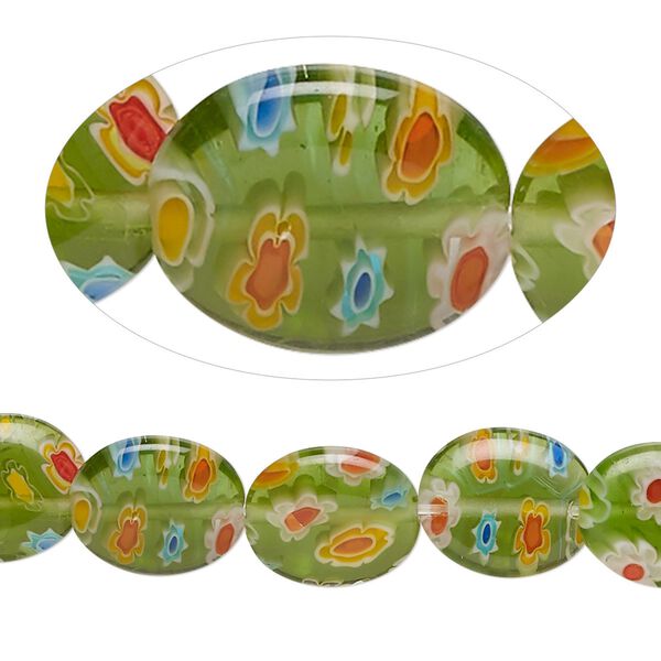 Bead, millefiori glass, translucent multicolored, 12x10mm puffed oval with 0.6-0.8mm hole. Sold per 15-inch strand. image number 0