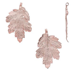 Pendant, copper-plated tin and natural leaf, 21x17mm-47x37mm chrysanthemum. Sold per pkg of 2.