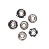Bead, Dione&reg;, lampworked glass and imitation rhodium-plated brass grommets, transparent black and opaque multicolored, 12x8mm-16x9mm rondelle with assorted designs. Sold per pkg of 6. image number 1
