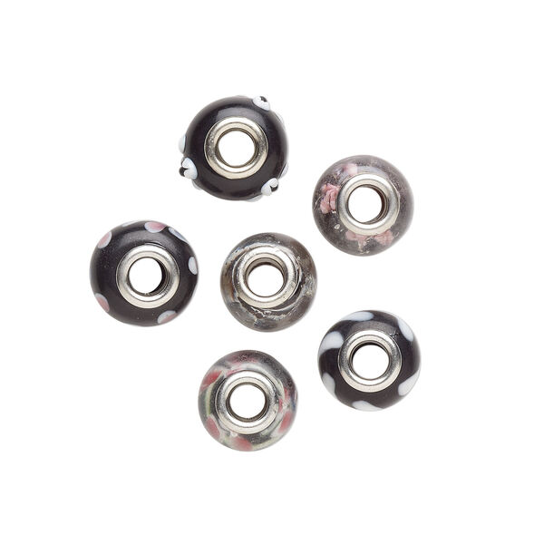 Bead, Dione&reg;, lampworked glass and imitation rhodium-plated brass grommets, transparent black and opaque multicolored, 12x8mm-16x9mm rondelle with assorted designs. Sold per pkg of 6. image number 1