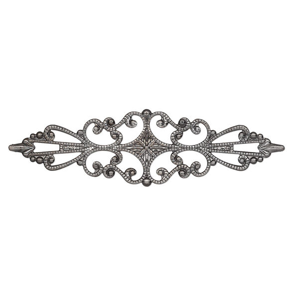 Component, gunmetal-plated brass, 56.5x15mm single-sided filigree marquise. Sold per pkg of 10. image number 0