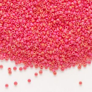 Seed bead, Miyuki, glass, pkg/250g, #15 rocaille, opaque matte rainbow coral, (RR-407FR).