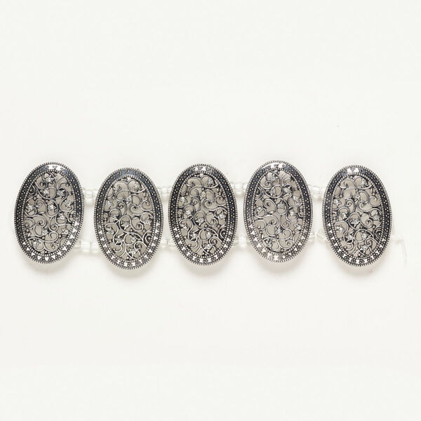 Bead spacer brass glass 5pk 39x27mm 2-strand oval, antique silver finish clear image number 0