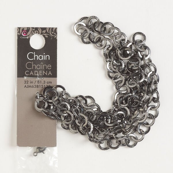 Chain / finding mix 1pkg7 rolo, 8.7mm textured /  6mm open jump ring / 12x6mm lobster claw clasp, gunmetal-finished steel image number 0