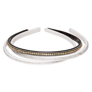 Headband, acrylic / glass rhinestone / silver- / gold-finished brass, assorted colors, 6mm and 8mm wide with cupchain, 15 inches. Sold per pkg of 3.