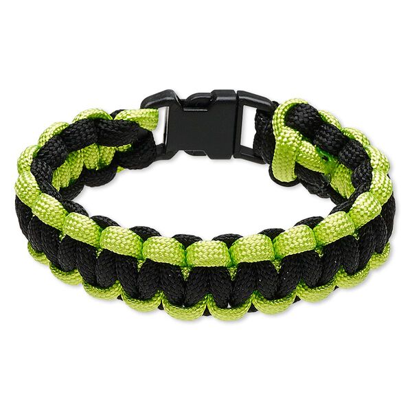 Bracelet, nylon paracord and plastic, neon green and black, 18mm wide survival, 6 inches with buckle clasp. Sold individually. image number 0