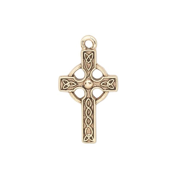 Drop, pewter (tin-based alloy), pkg/1, antique gold plate, 24x15mm single-sided Celtic cross. image number 0