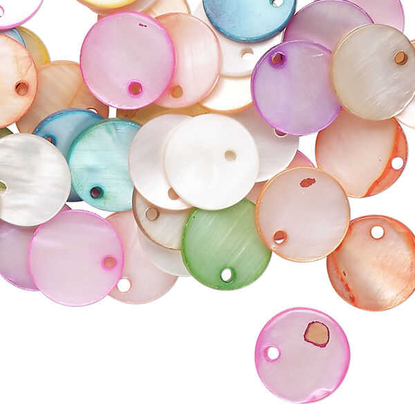 Drop mix, mother-of-pearl shell (bleached/dyed), mixed colors, 10mm flat round, Mohs hardness 3-1/2. Sold per pkg of 100. image number 0