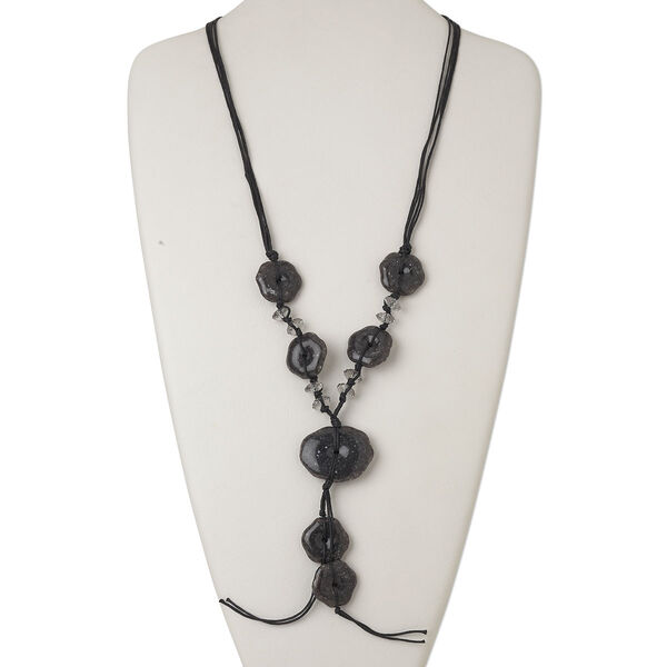 Necklace, acrylic / waxed cotton cord / silver-finished steel, black and grey, 5-inch dangle with 24x24mm flower and 38x30mm puffed oval, 28 inches with lobster claw clasp and 2-inch extender chain. Sold individually. image number 0