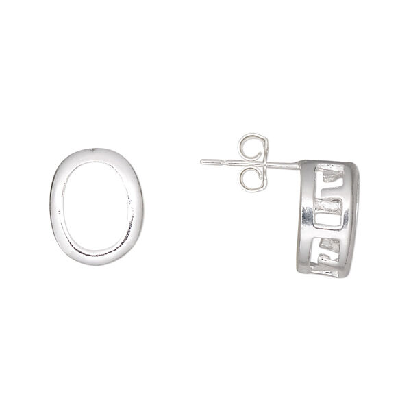 Earstud, sterling silver, 12.5x10mm smooth oval with 10x8mm oval setting. Sold per pair. image number 0