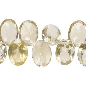 Lemon quartz 1pkg1, hand-cut top-drilled flat-sided faceted puffed oval bead 13 inch 14x9mm-14x10mm