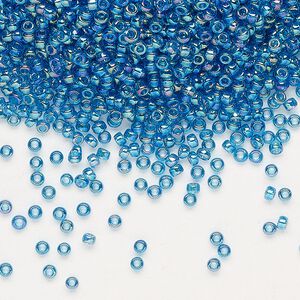 Seed bead, Miyuki, glass, pkg/250g, #11 rocaille, translucent rainbow Capri blue (RR-291).