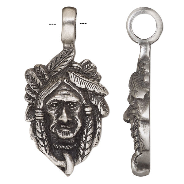 Pendant, antique pewter (tin-based alloy), 49x25mm single-sided Native American. Sold individually. image number 0
