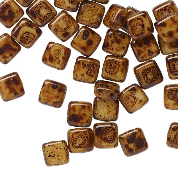 Bead, Preciosa, Czech pressed glass, opaque dark brown tortoise, 6x6mm flat square with (2) 0.7mm holes. Sold per pkg of 40. image number 0