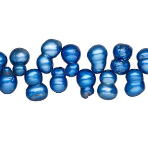 Pearl, cultured freshwater (dyed), blue, 9x5mm-10x6mm top-drilled baroque, C- grade, Mohs hardness 2-1/2 to 4. Sold per 15-inch strand.
