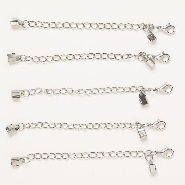 Clasp, lobster claw, steel, pkg/5, 10x6mm oval with chain and 5mm fold-over cord ends, 3mm inner diameter, antique silver finish. image number 0