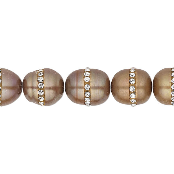 Pearl, cultured freshwater (dyed) and crystals, lilac bronze and crystal clear, 9-10mm rice, C grade, Mohs hardness 2-1/2 to 4. Sold per pkg of 2. image number 0