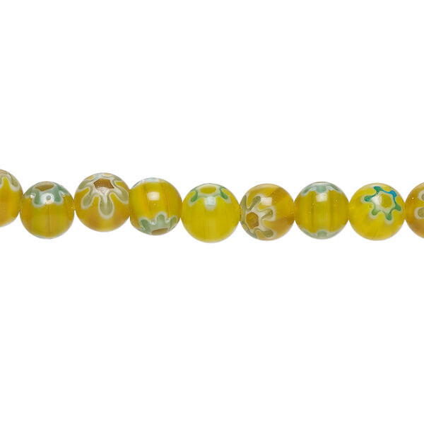 Bead, millefiori glass 1pkg1, translucent golden yellow / light blue / white, 6mm round, 15 inches. image number 0