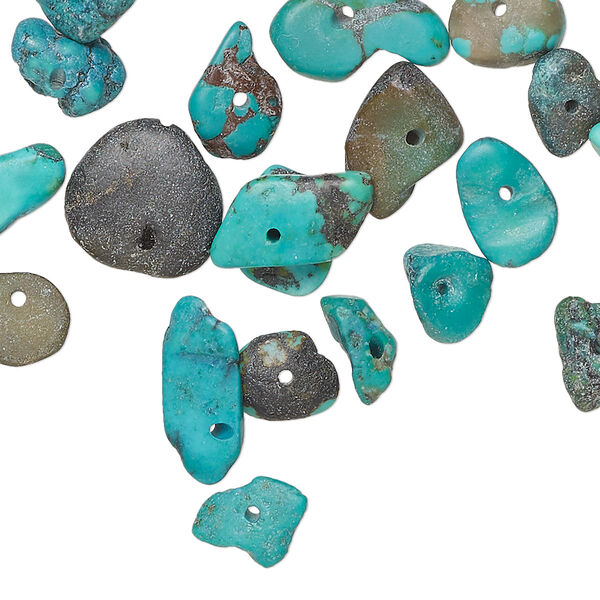 Bead, turquoise (dyed / stabilized), blue-green and green, large top- and center-drilled chip, Mohs hardness 5 to 6. Sold per pkg of 20. image number 0