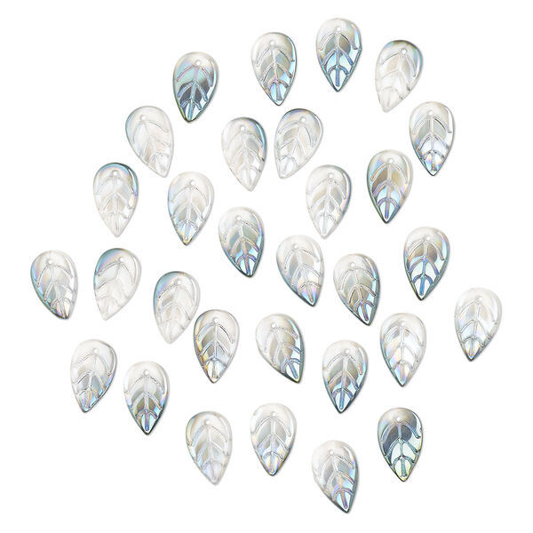 Drop, pressed glass, translucent metallic green rainbow, 18 x 11mm pressed leaf, top-drilled. Sold per pkg of 30. image number 0