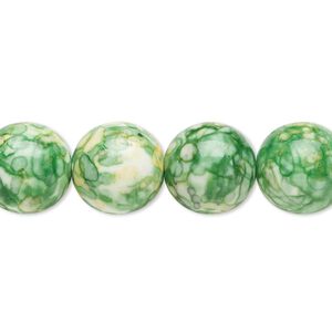 Bead, resin and painted ceramic, green / white / yellow, 12mm round. Sold per 15-1/2 to 16 inch strand.