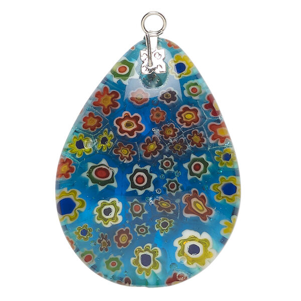 Focal 1pkg1 millefiori glass and silver-finished steel, translucent multicolored, 40x30mm-41x31mm puffed teardrop. image number 0