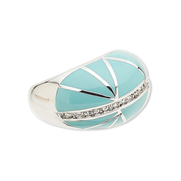 Ring, Avant-Garde Jewelry Collection, enamel / Czech glass rhinestone / imitation rhodium-plated brass, sea foam and clear, 17mm wide with abstract design, size 8-1/2. Sold individually. image number 0