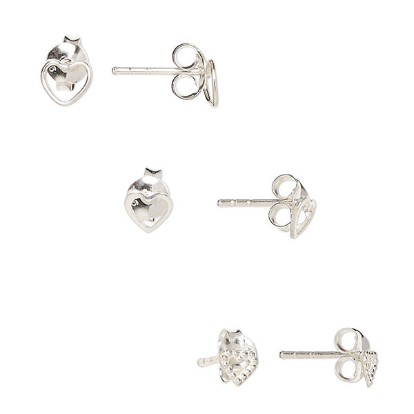 Earstud, sterling silver, 4mm beaded open heart / 5x4.5mm / 5.5x4.5mm open heart with post. Sold per pkg of 3 pairs. image number 0