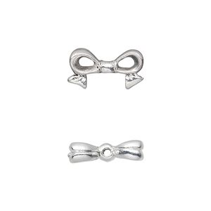 Bead, pewter (tin-based alloy), pkg/1, silver plate, 16x9mm double-sided bow, fits 8mm cube.