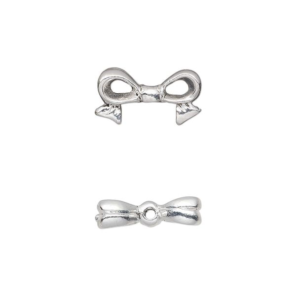 Bead, pewter (tin-based alloy), pkg/1, silver plate, 16x9mm double-sided bow, fits 8mm cube. image number 0