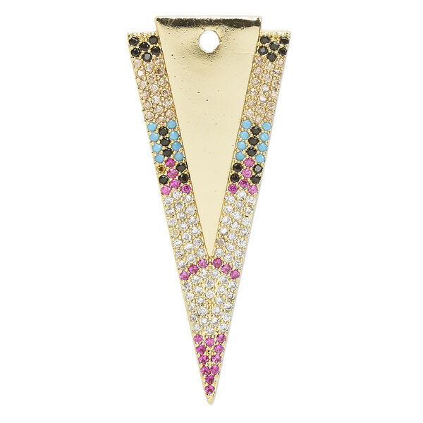 Focal, cubic zirconia and gold-finished brass, multicolored, 41x17.5mm single-sided arrowhead. Sold individually. image number 0