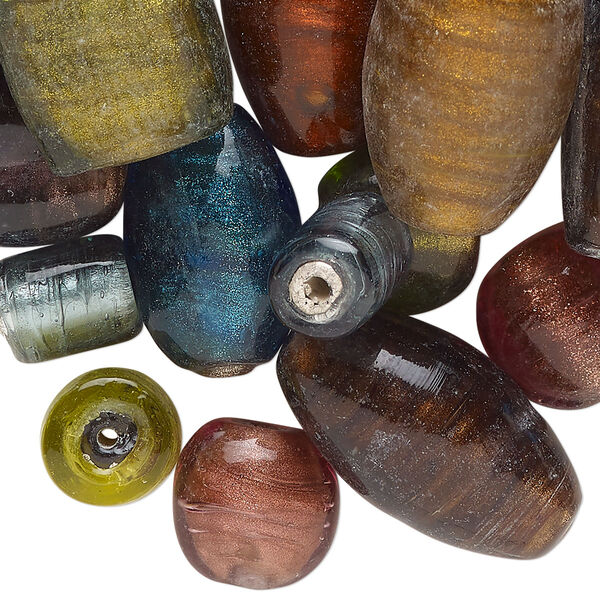 Bead mix, lampworked glass, opaque mixed colors, 9x8mm-26x20mm mixed shapes with silver-colored foil and copper-colored glitter. Sold per 6-ounce pkg, approximately 50 beads. image number 0